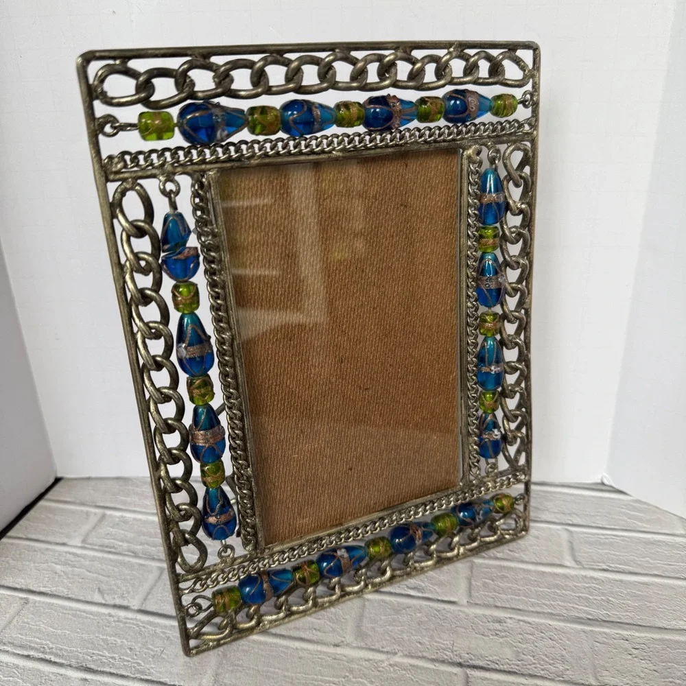 Vintage Metal Chain Link Picture Frame Blue Green Glass Beads Made in India 4x6